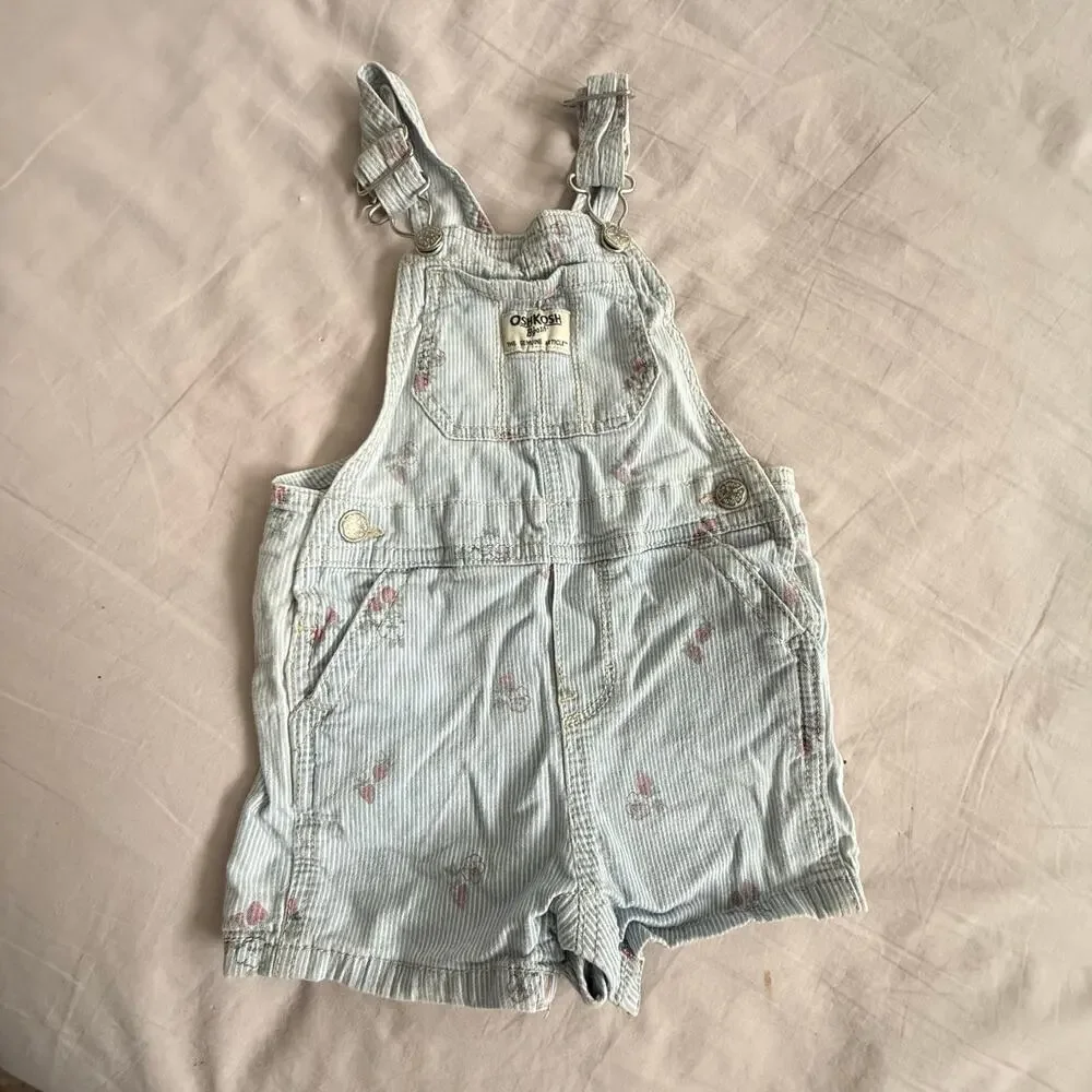OshKosh Shortalls Overalls Girl 18 Months Light Blue Engineer Stripe Floral Pink